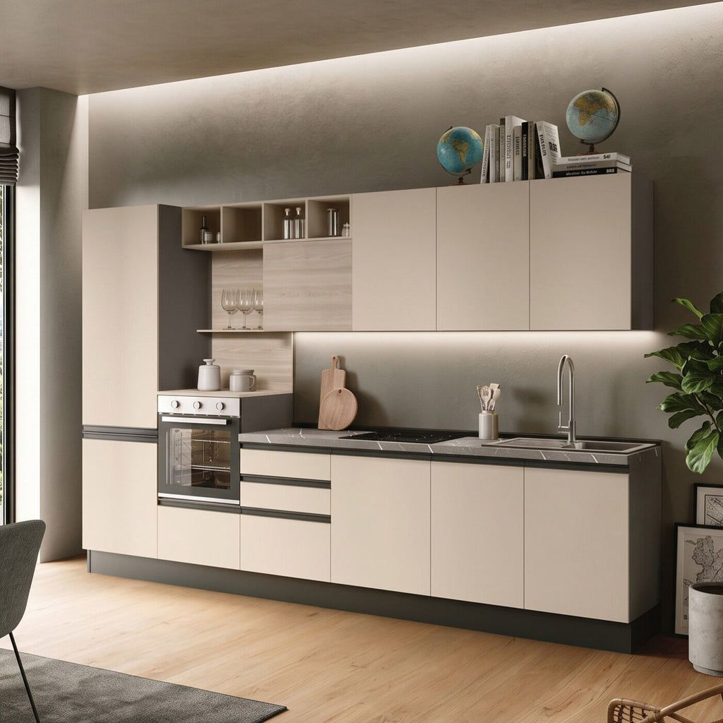 Composizione cucina L. 360 H. 219 cm. orzo opaco/olmo natura