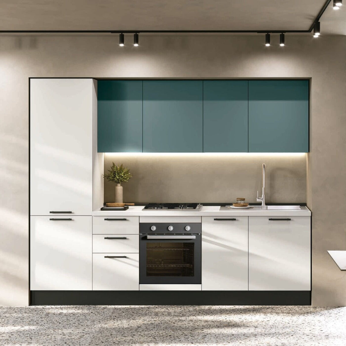 Composizione cucina L. 270 H. 219 cm. bianco opaco/verde salvia