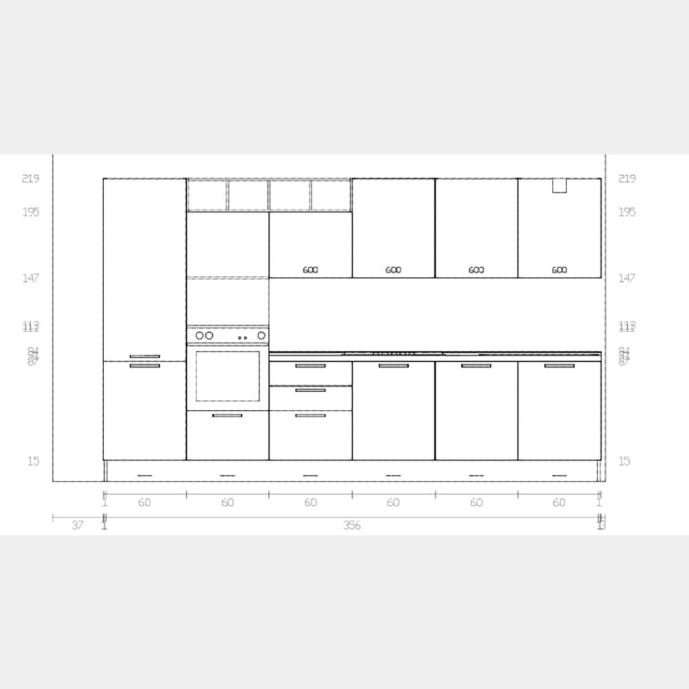 Composizione cucina L. 360 H. 219 cm. orzo opaco/olmo natura