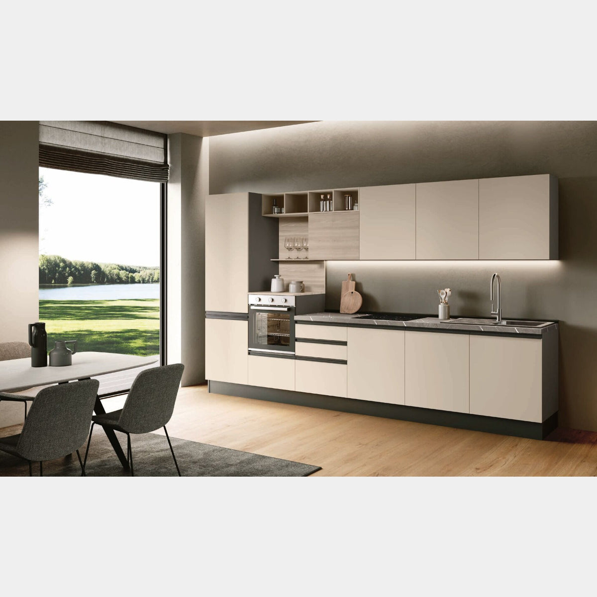 Composizione cucina L. 360 H. 219 cm. orzo opaco/olmo natura