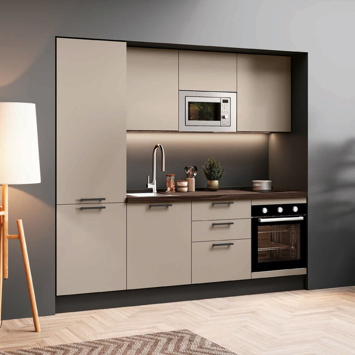 Composizione cucina L. 240 H. 219 cm. visone opaco con top noce moro