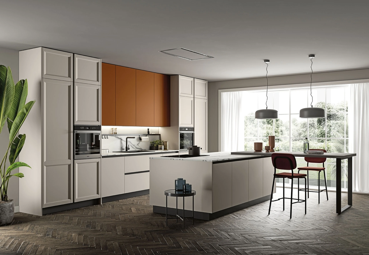 Composizione cucina contemporanea anta telaio con isola, tavolo snack e colonne