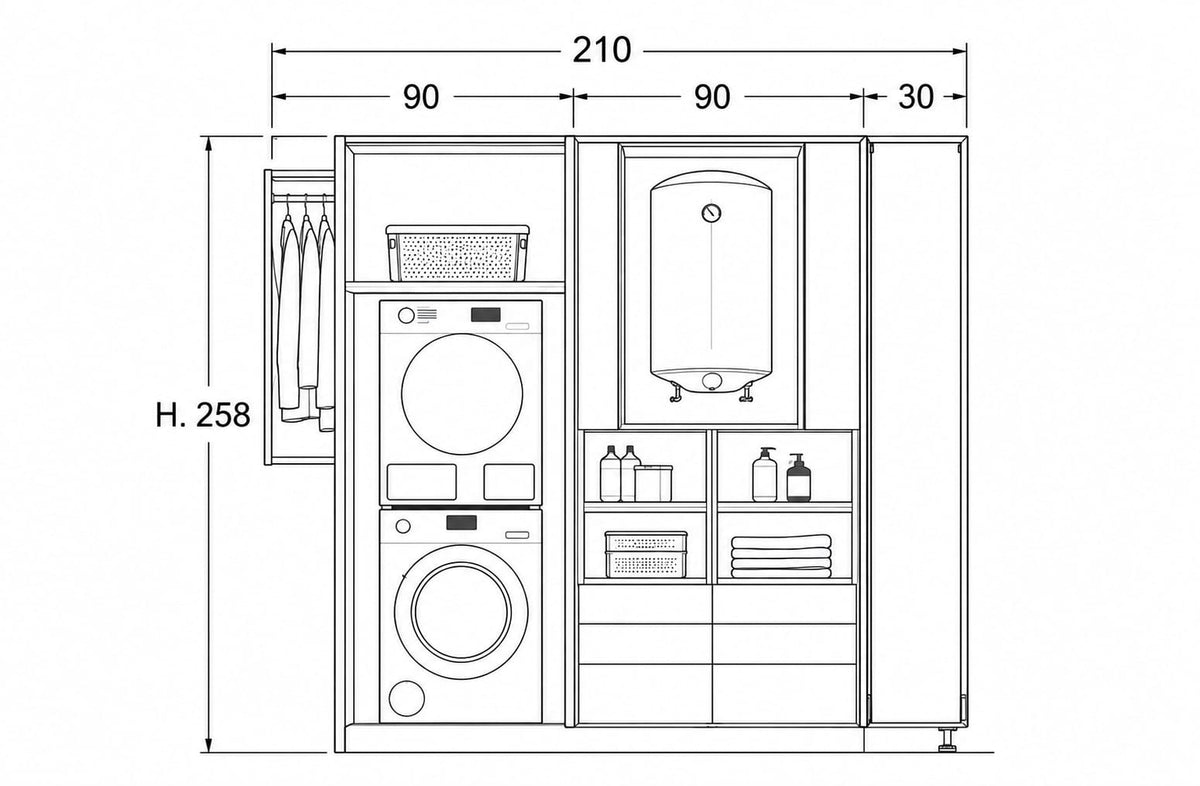 Cabina armadio zona lavanderia con ripiani porta oggetti