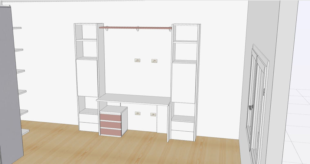 Cameretta grigio opaco/cipria opaco con letto contenitore, armadio con gola integrata e terminale a giorno, con parete studio