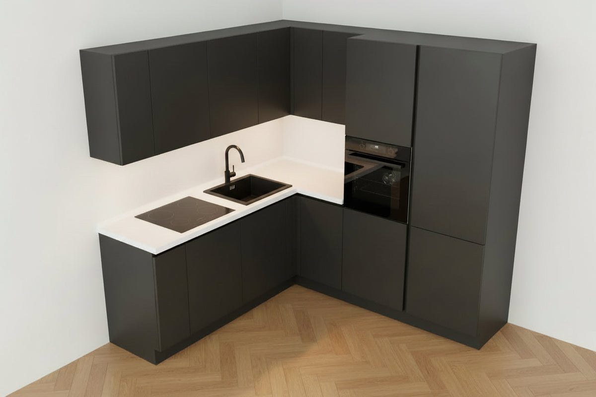 Cucina ad angolo antracite con gola e zoccoli scuri e top bianco opaco