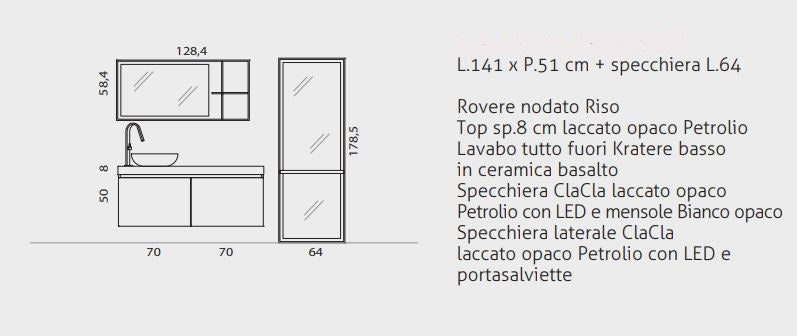 Composizione basi sospese portalavabo complete di specchio con elementi a giorno e specchio a terra con cornice laccata