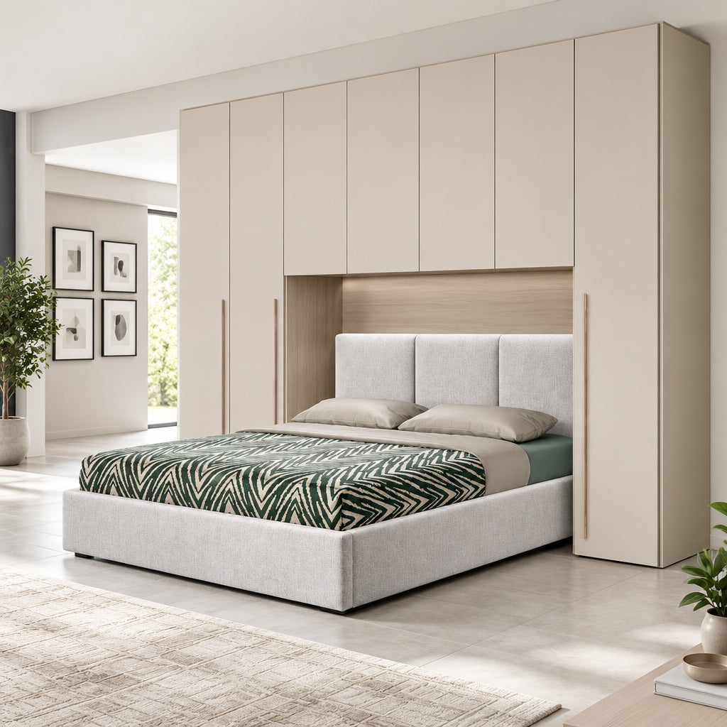 Armadio a ponte 6 ante battenti cashmere con letto c/contenitore imbottito