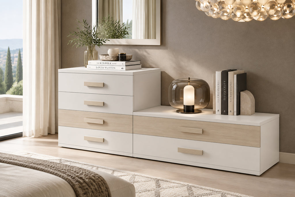 Composizione cameretta con armadio ad ante scorrevoli, letto testata legno/imbottita e gruppo comodini/comò