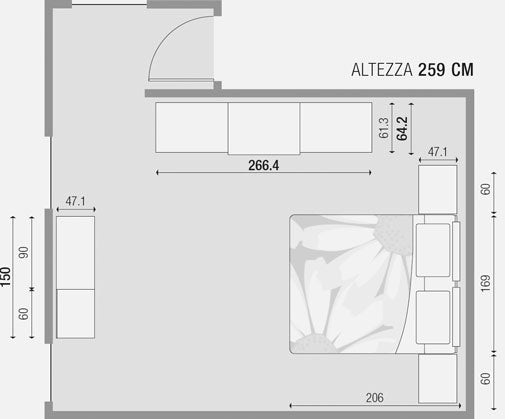 Composizione cameretta con armadio ad ante scorrevoli, letto testata legno/imbottita e gruppo comodini/comò
