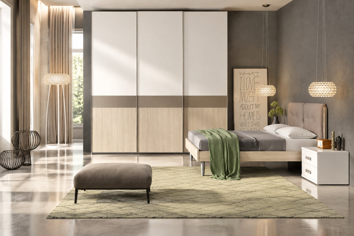 Composizione cameretta con armadio ad ante scorrevoli, letto testata legno/imbottita e gruppo comodini/comò