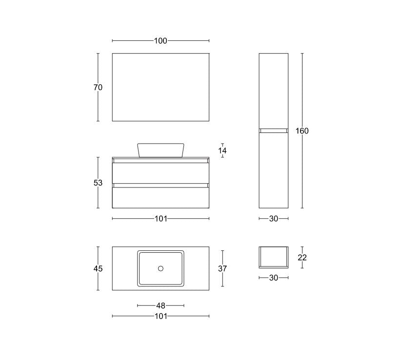 Mobile bagno sospeso con cassettoni e colonnina laterale reversibile