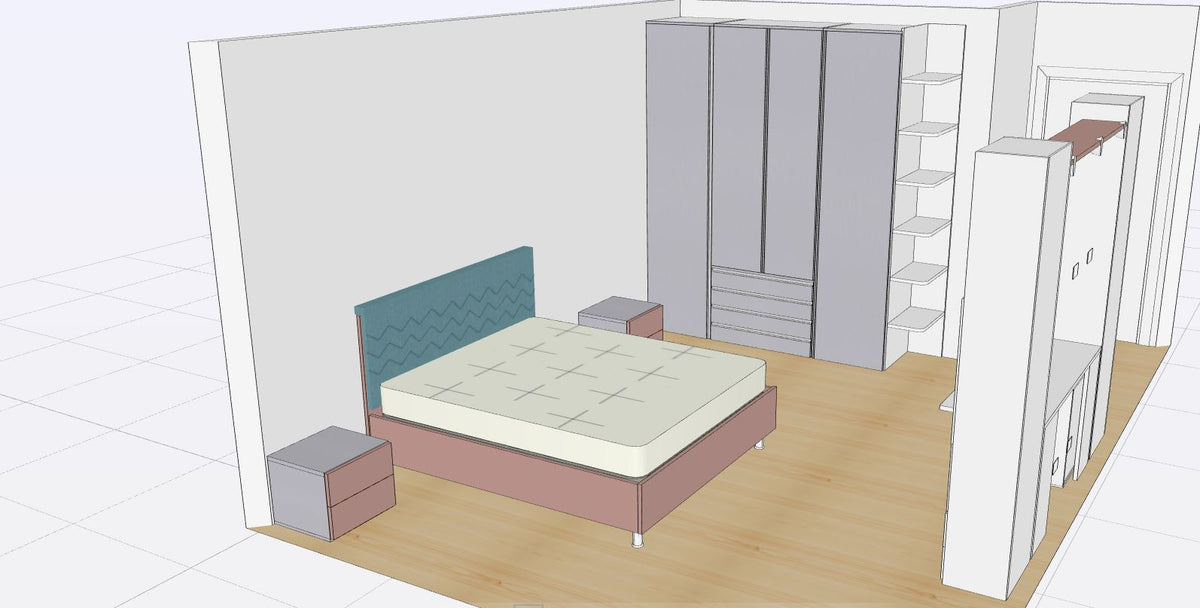 Cameretta grigio opaco/cipria opaco con letto contenitore, armadio con gola integrata e terminale a giorno, con parete studio
