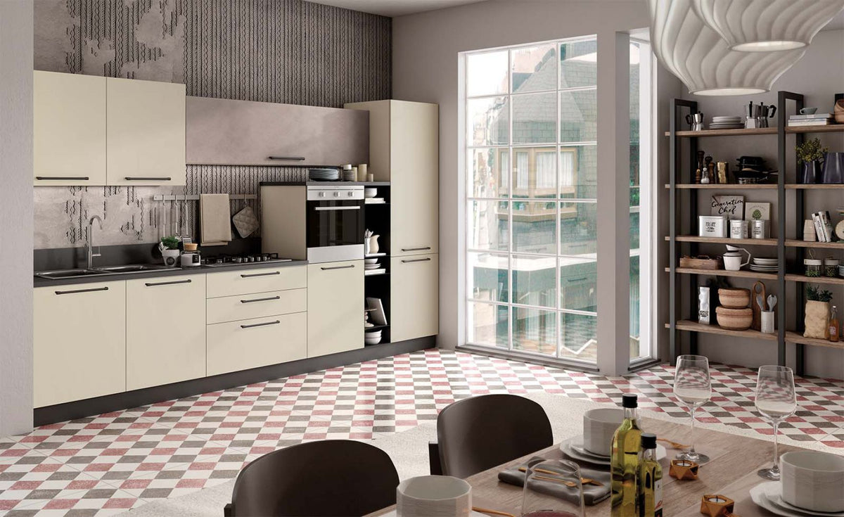 Composizione cucina moderna lineare con parete a giorno metallica stile Industrial