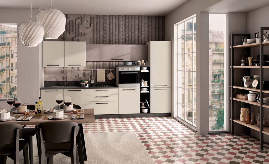 Composizione cucina moderna lineare con parete a giorno metallica stile Industrial