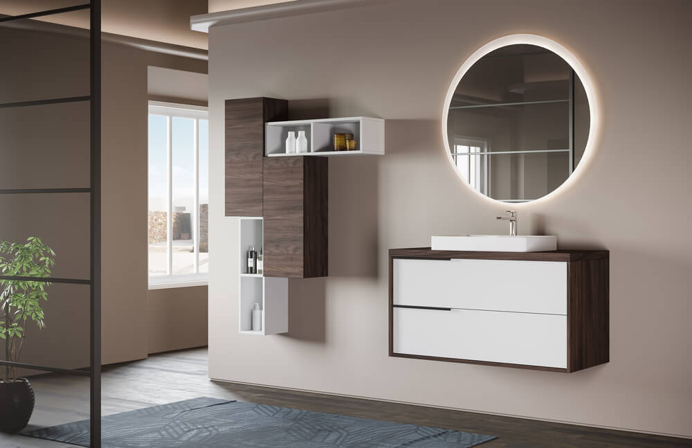 Composizione bagno sospeso con specchiera rotonda retroilluminata a LED e elementi sospesi