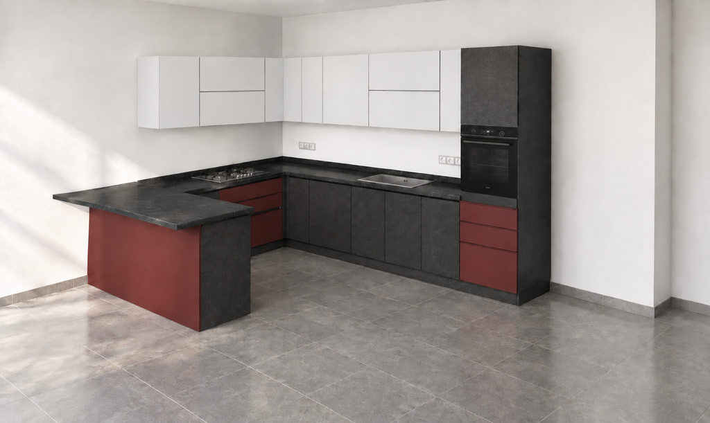 Composizione cucina cemento grigio/pensili bianchi opachi e elementi rosso Marsala con penisola snack