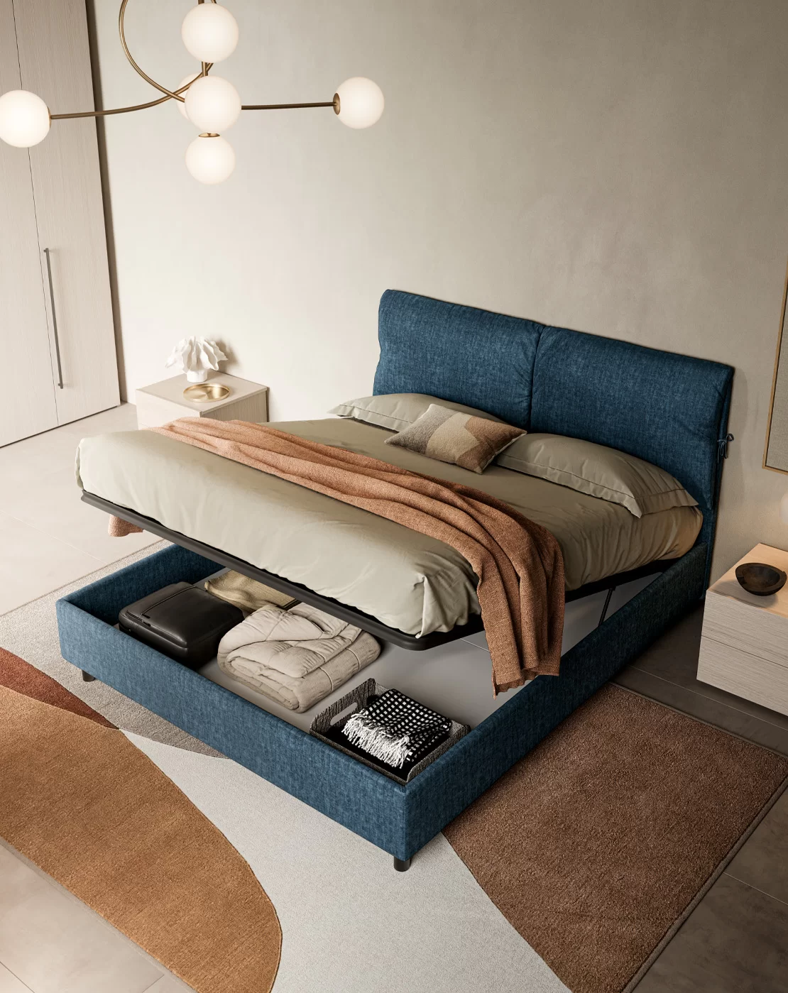 Camera con armadio a ante battenti, vano porta TV con cassetti inferiori, letto con contenitore e gruppo comodini/comò