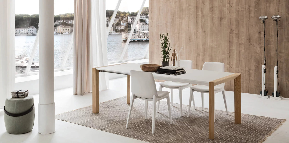 Tavolo allungabile con gambe impiallacciato rovere miele e piano laccato opaco verde palude