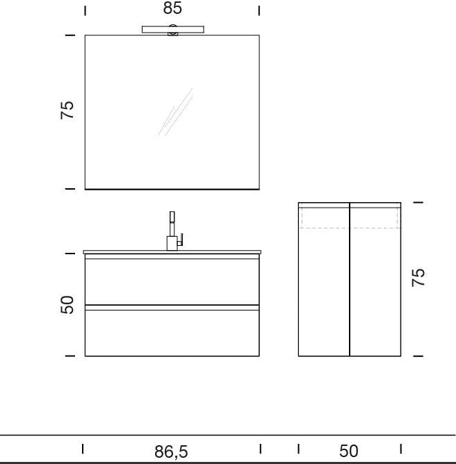 Base sospesa portalavabo con specchiera illuminata a LED e pensile 2 ante