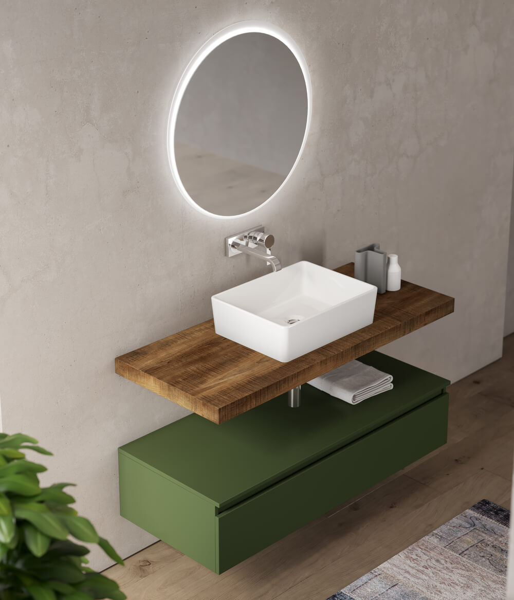 Mobile bagno sospeso completo di specchiera rotonda a Led