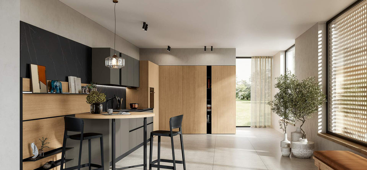 Composizione cucina angolare con colonne a filo e penisola Snack