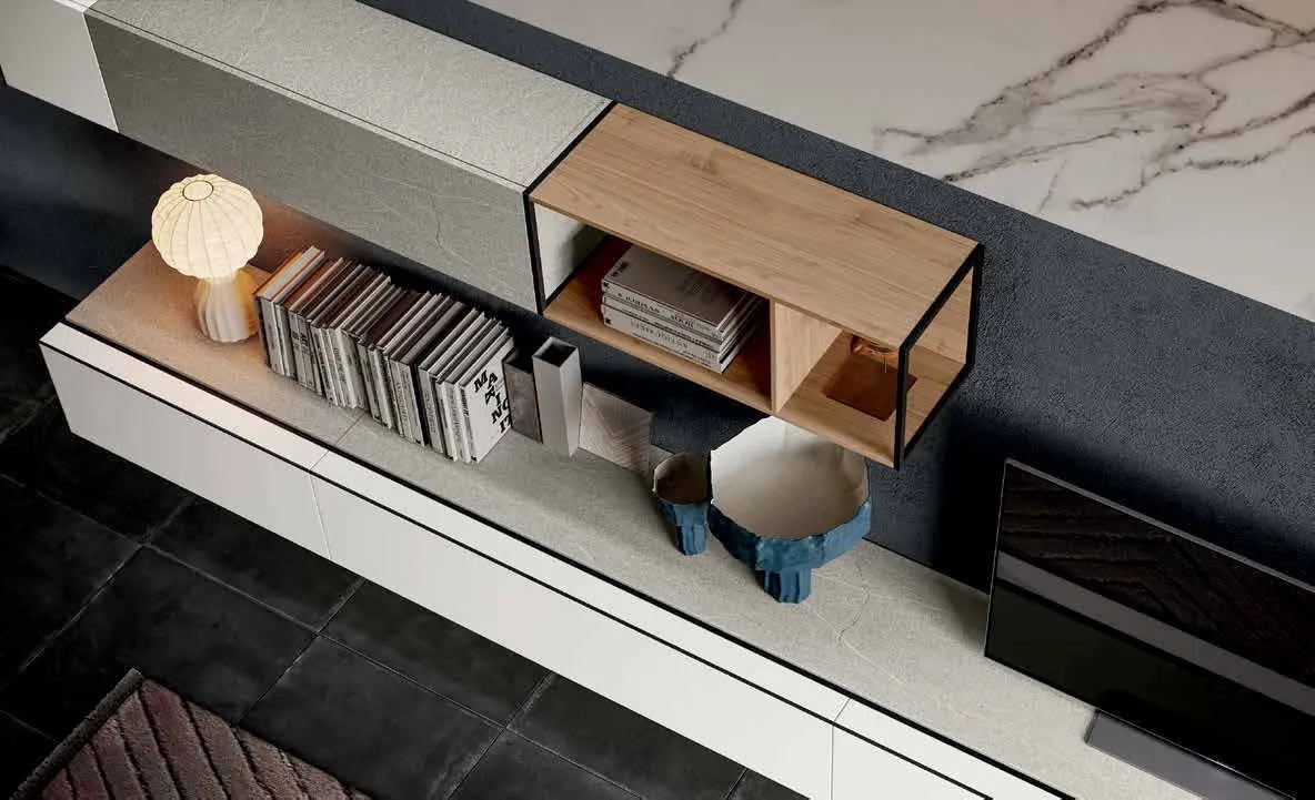 Base sospesa porta TV con elemento cubolotto e pensile a ribalta