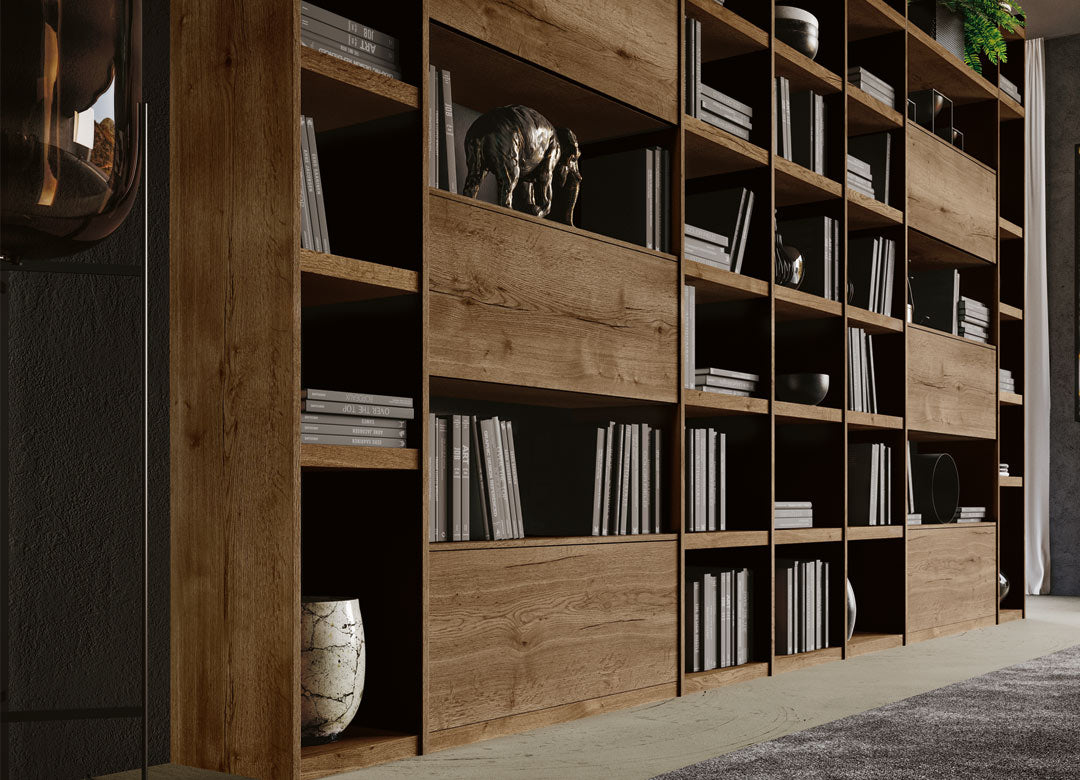 Composizione libreria a spalla con elementi a giorno/moduli contenitori