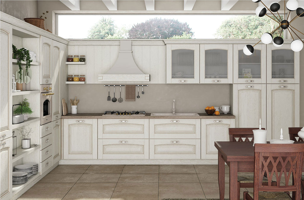 Cucina stile Shabby chic con ante bugnate a telaio frassino bianco
