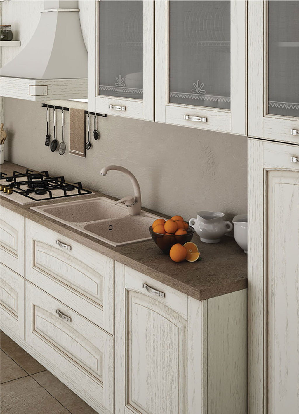 Cucina stile Shabby chic con ante bugnate a telaio frassino bianco