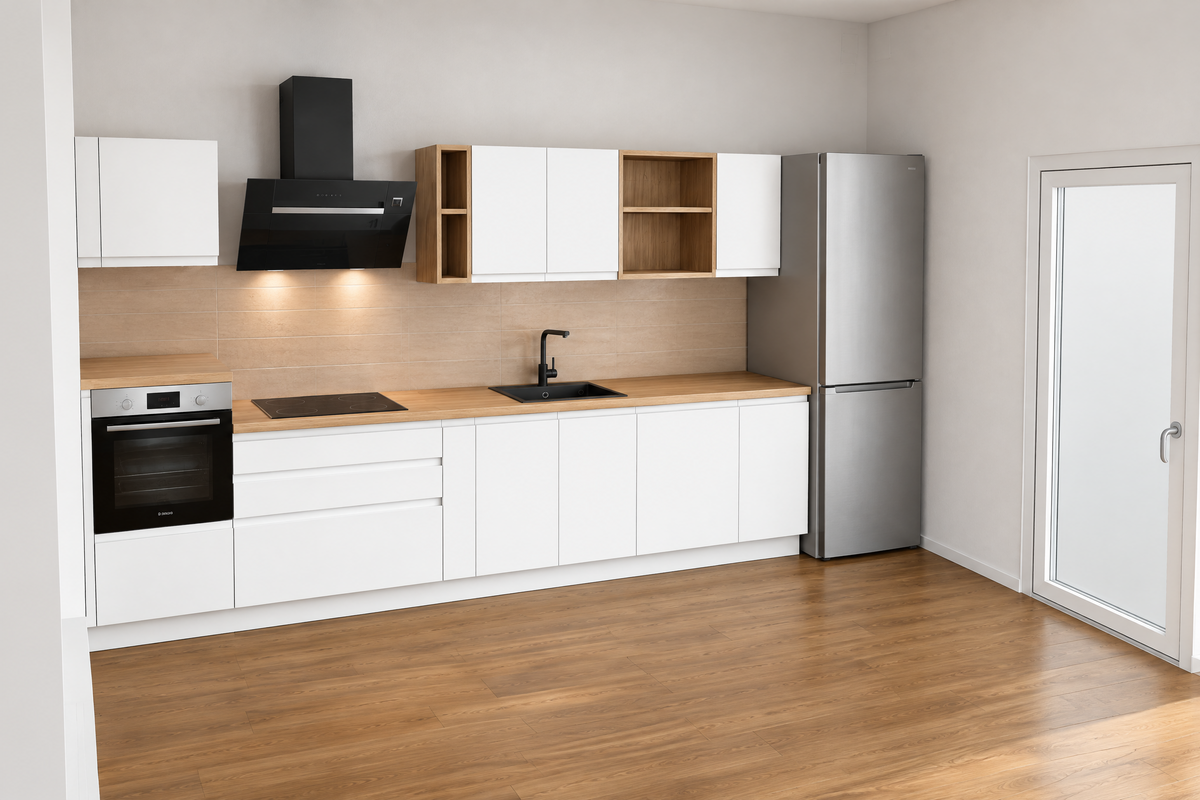 Cucina lineare bianca opaca con top in rovere anice