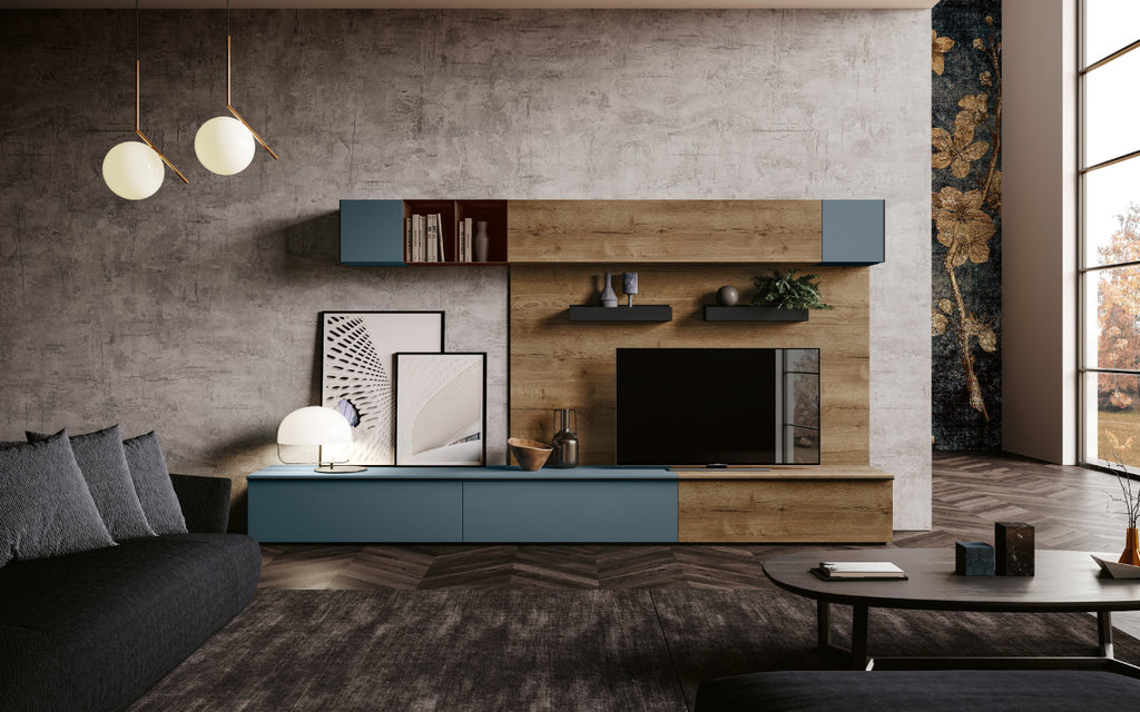 Composizione a giorno con elementi sospesi e schienale porta TV