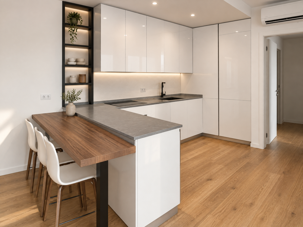 Composizione cucina angolare laccata bianca lucida con top in marmo grigio e angolo Snack rovere scuro