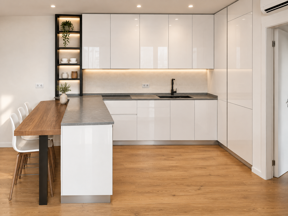 Composizione cucina angolare laccata bianca lucida con top in marmo grigio e angolo Snack rovere scuro
