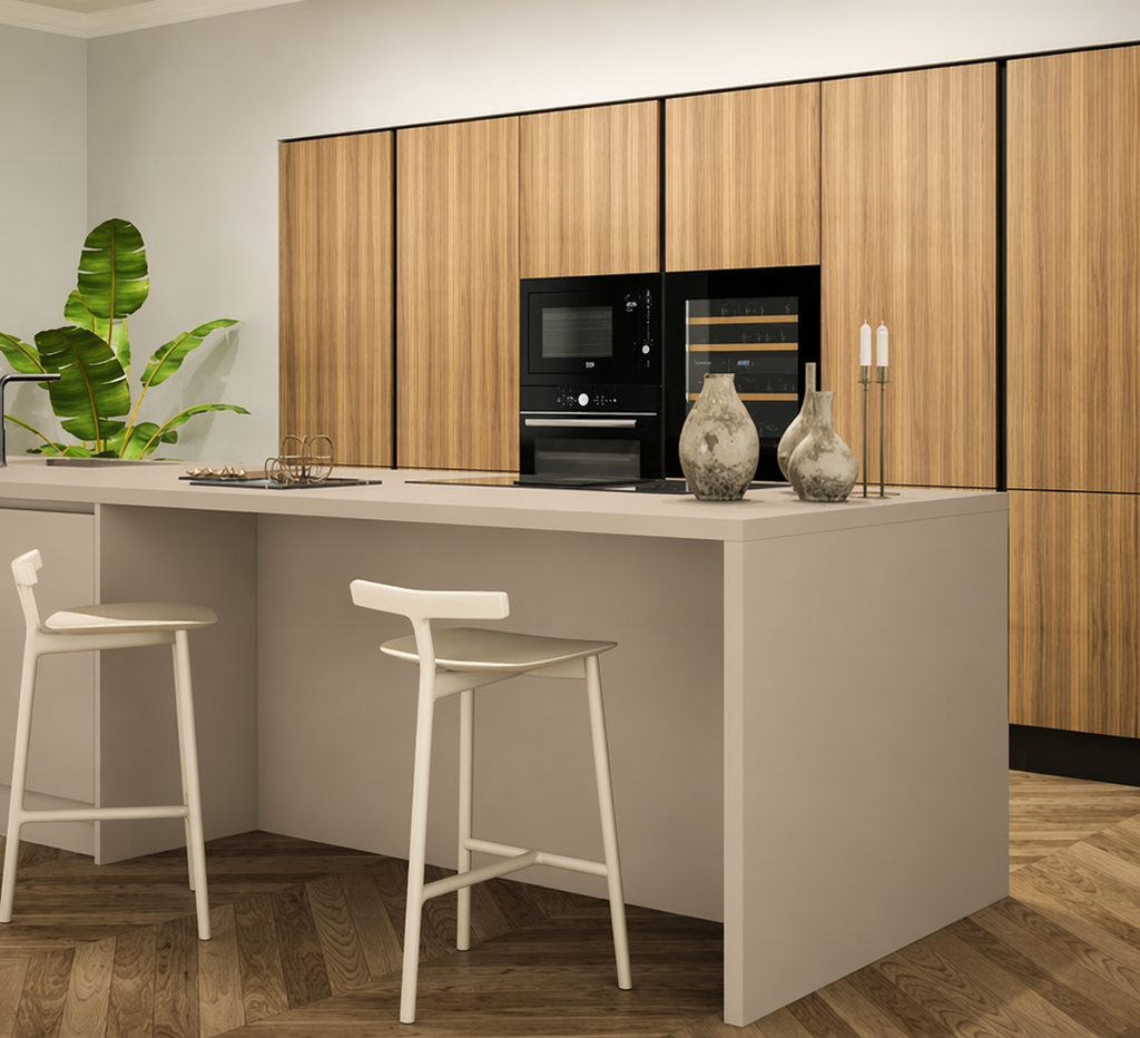 Composizione cucina moderna con isola centrale beige opaco e colonne rovere