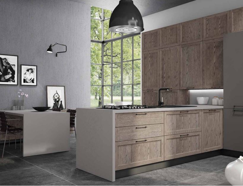 Composizione cucina stile Industrial con ante a telaio in legno scuro e ante liscie