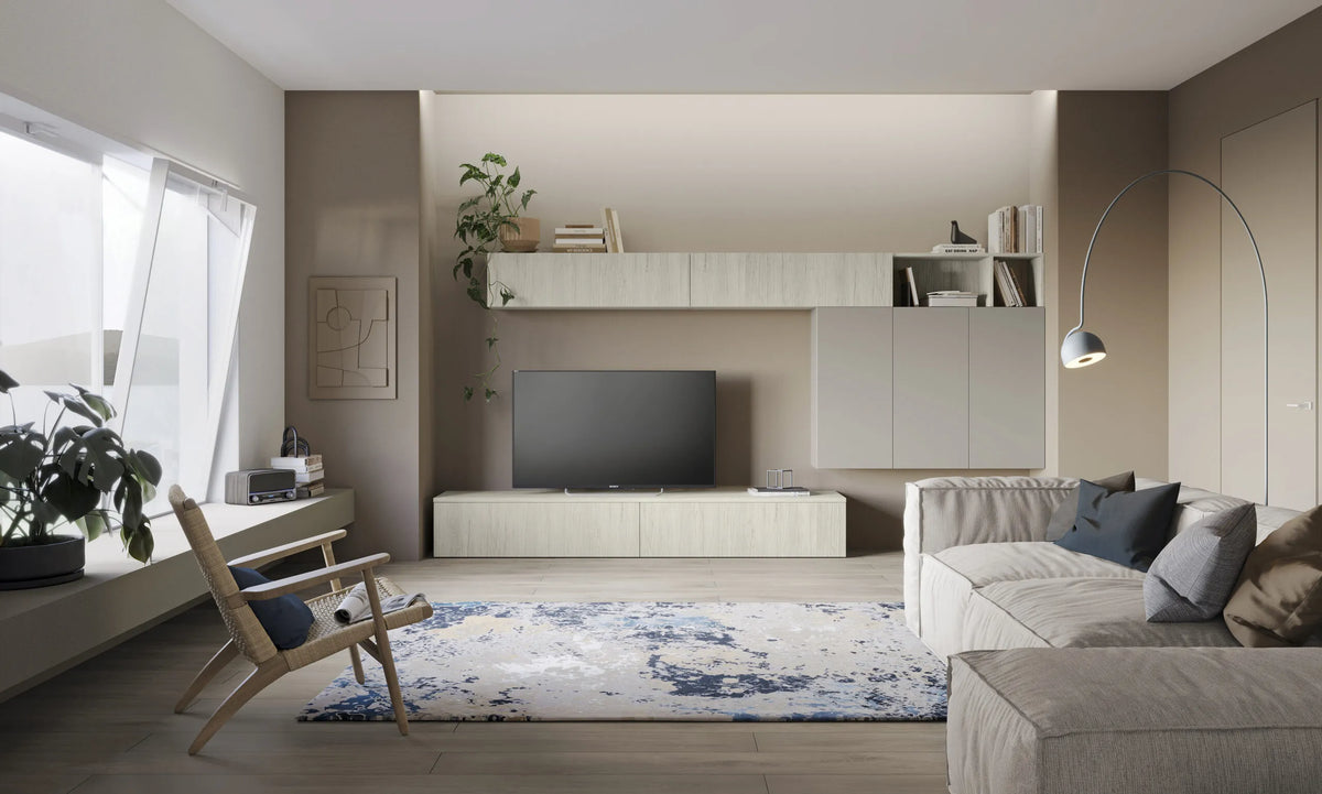 Composizione parete attrezzata porta TV con moduli sfalsati e pensili verticali