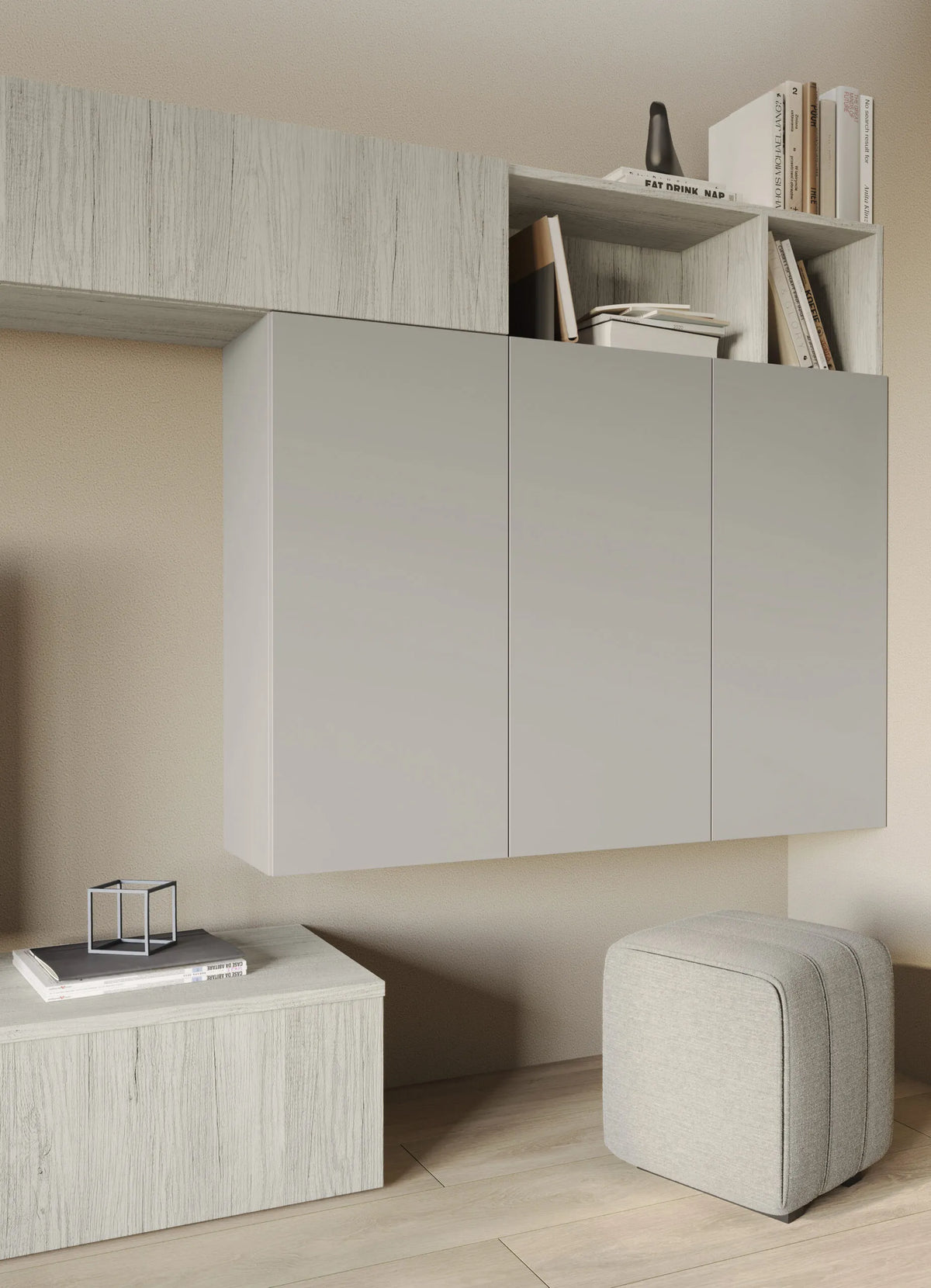 Composizione parete attrezzata porta TV con moduli sfalsati e pensili verticali