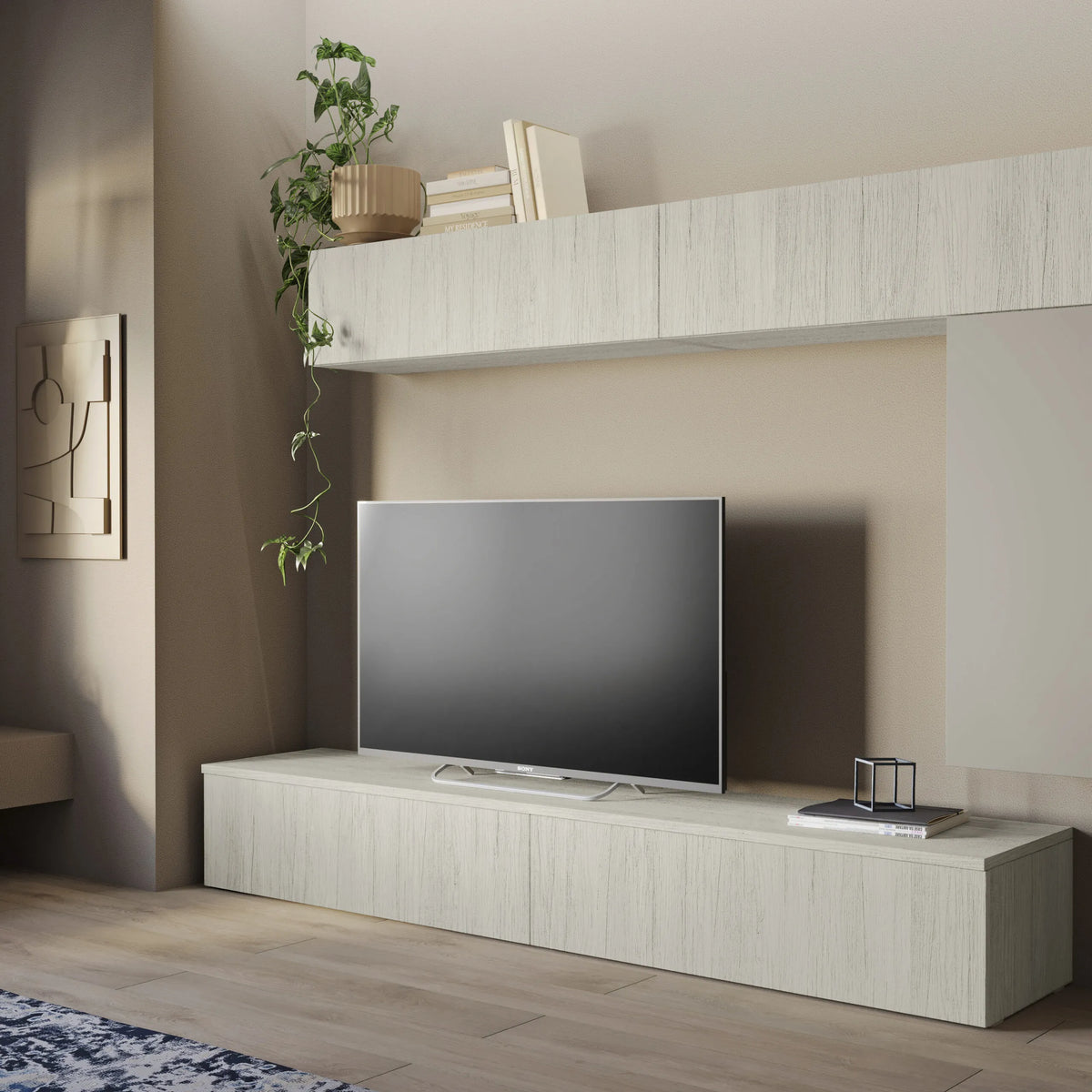 Composizione parete attrezzata porta TV con moduli sfalsati e pensili verticali
