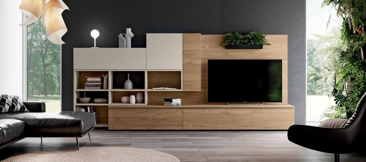 Composizione parete attrezzata con pannello TV integrato e elementi a giorno