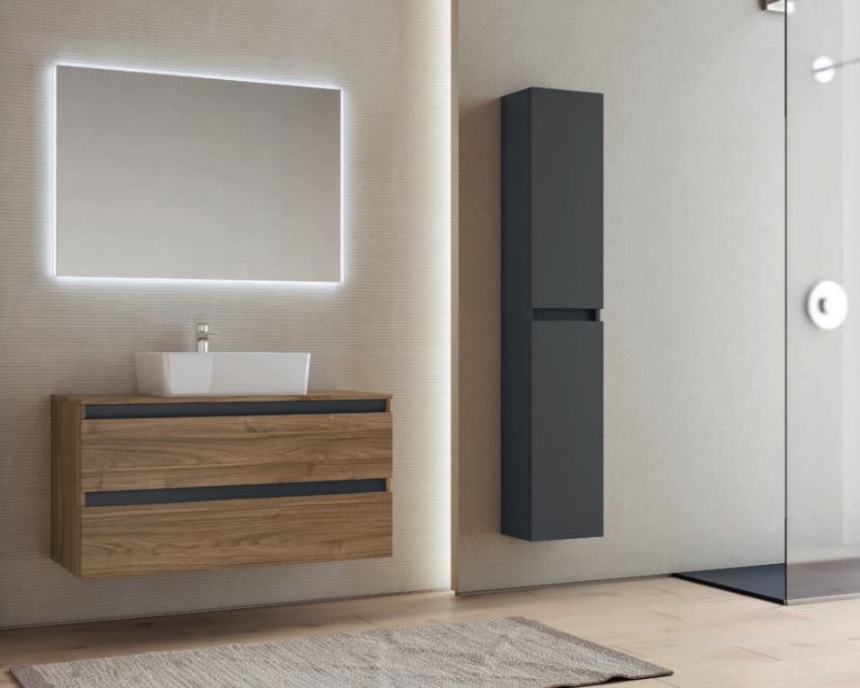Mobile bagno sospeso con cassettoni e colonnina laterale reversibile