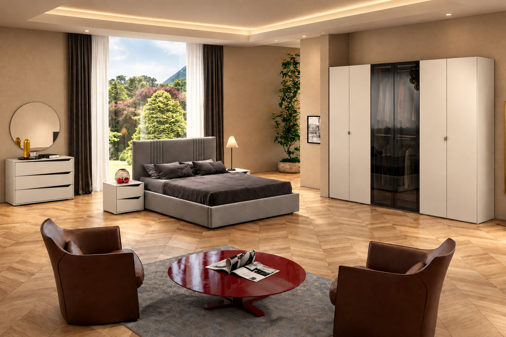 Composizione camera con armadio 6 ante battenti vetro fumè centrale, letto imbottito con contenitore e gruppo comodini/comò