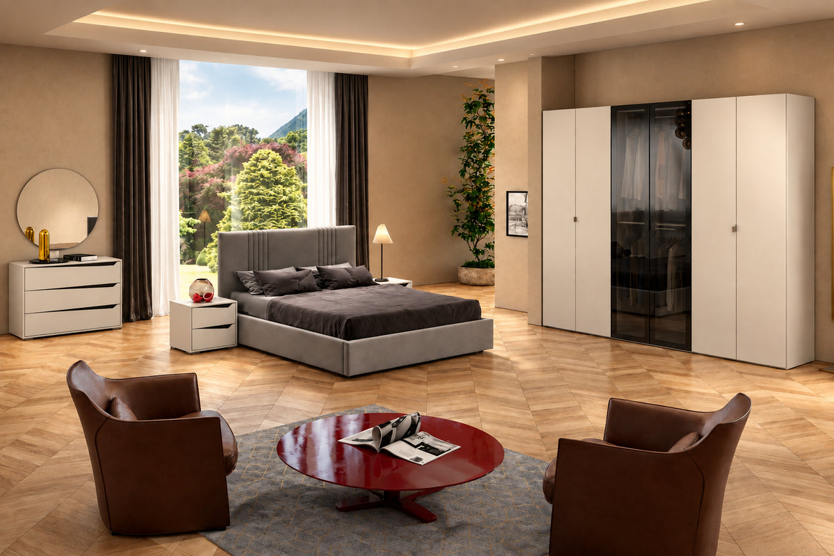 Composizione camera con armadio 6 ante battenti vetro fumè centrale, letto imbottito con contenitore e gruppo comodini/comò