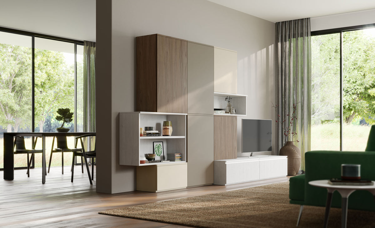Zona giorno con base porta TV, elementi push-pull sovrapposti e cubolotti porta oggetti
