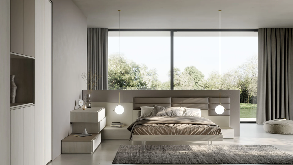 Composizione camera con letto a boiserie, comodini 1 cassetto e armadio vano porta TV centrale