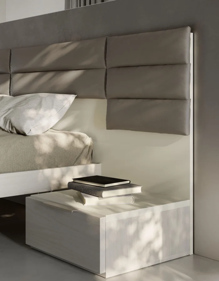 Composizione camera con letto a boiserie, comodini 1 cassetto e armadio vano porta TV centrale
