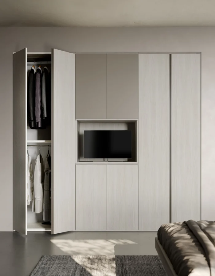 Composizione camera con letto a boiserie, comodini 1 cassetto e armadio vano porta TV centrale